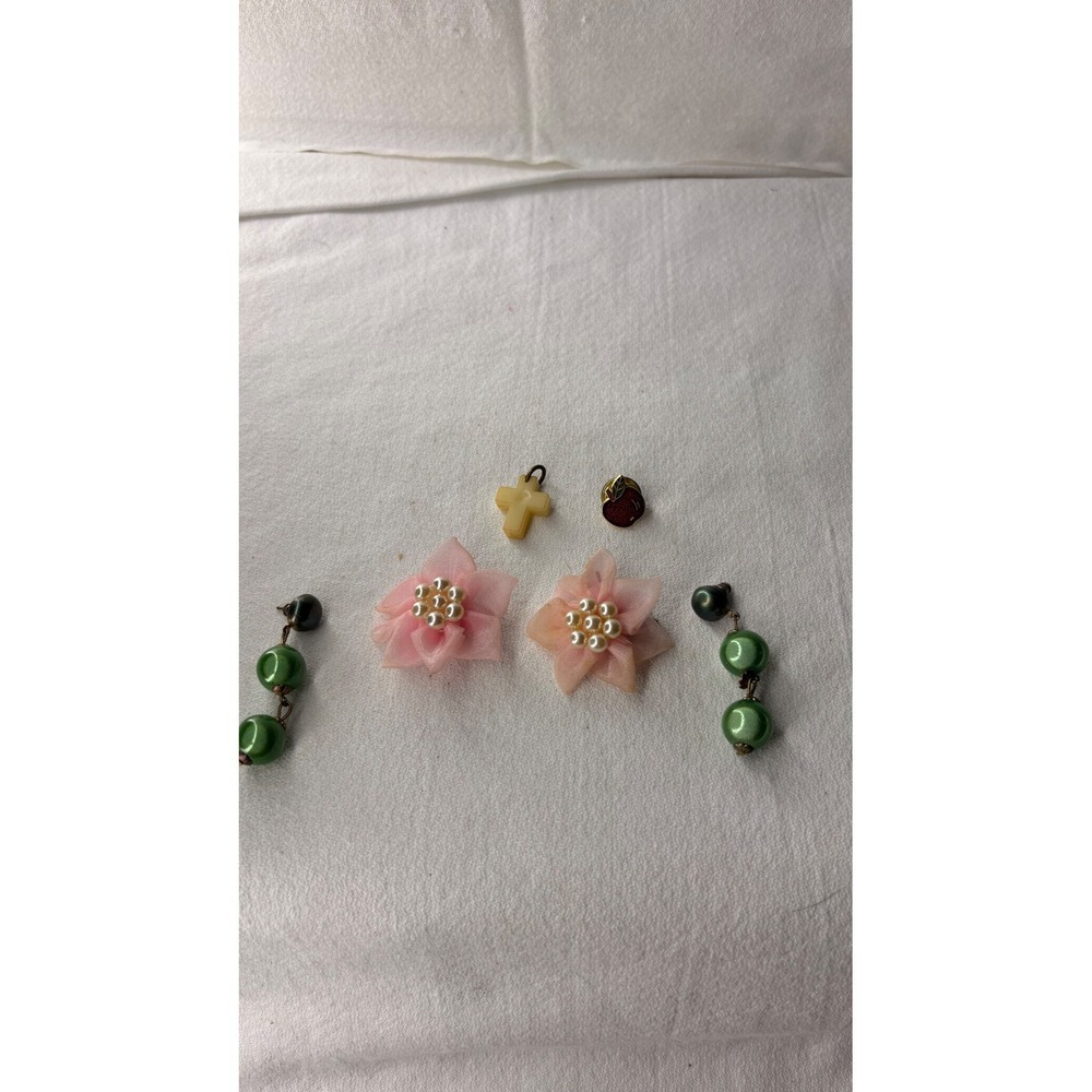 Whimsical handmadeJewelry Lot Pink Flower Clip On Green Pearl Earrings